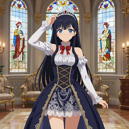 Anime-style girl with long black hair, blue eyes, white frilled dress, black lace trim, red bow, and tiara, stands in orn