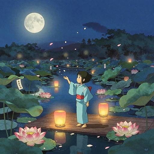 Child in Yukata at Moonlit Lotus Pond