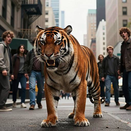 Photorealistic CGI: A large, fierce tiger walks down a busy city street, with surprised pedestrians in the background, surrounded by tall buildings.