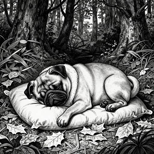 Sleeping Pug on Leaf Pillow