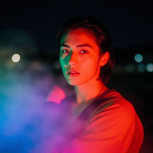 Photograph of a young woman with short dark hair, illuminated by vibrant red and blue neon lights, with a misty background.