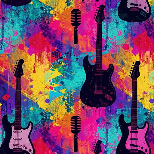 Vibrant abstract painting featuring black silhouettes of guitars and microphones against a colorful splatter background of blue, pink, yellow, and orange