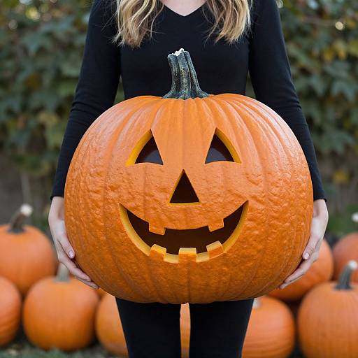 Photograph of a blonde woman in a black long-sleeve top, holding a large, carved, orange pumpkin with a smiling face, surrounded by