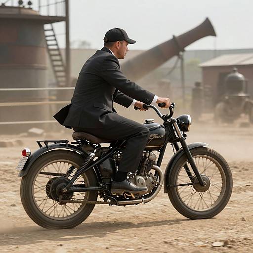 Photograph of a man in a black suit and cap riding a vintage black motorcycle on a dusty, industrial background.
