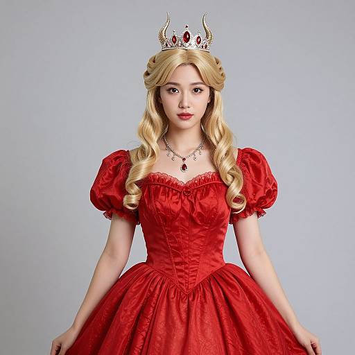 Photograph of an Asian woman with long blonde hair, wearing a red, puffed-sleeve ball gown, and a silver crown, against a