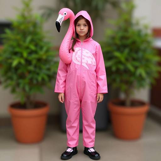 Photograph of a young girl in a pink flamingo onesie with hood and matching hat, standing in front of potted plants.
