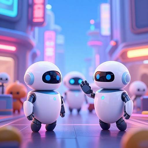 Photorealistic CGI of two cute, white, round robot friends with blue eyes and black accents, waving in a neon-lit futuristic city street.