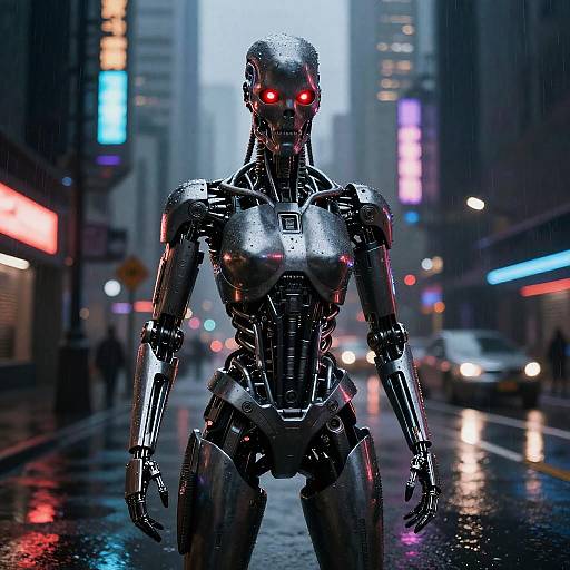 CGI image of a sleek, black, humanoid robot with glowing red eyes standing in a neon-lit, rainy urban street at night.