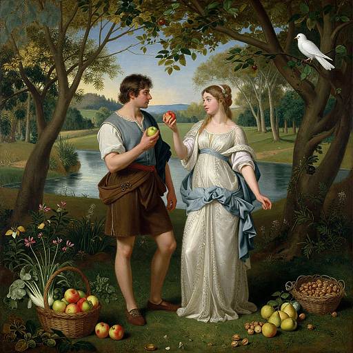 Romantic pastoral painting: muscular man in tunic offers apple to fair maiden in elegant gown, under tree, by lake, with basket, apples,