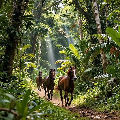 Photograph of two brown horses galloping through a lush, sunlit tropical forest, with sunlight filtering through dense green foliage.