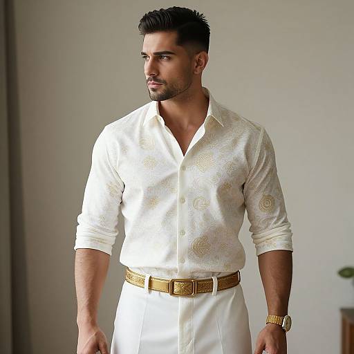 Photograph of a handsome, muscular man with short, dark hair, wearing a white, patterned dress shirt, gold belt, and gold watch,