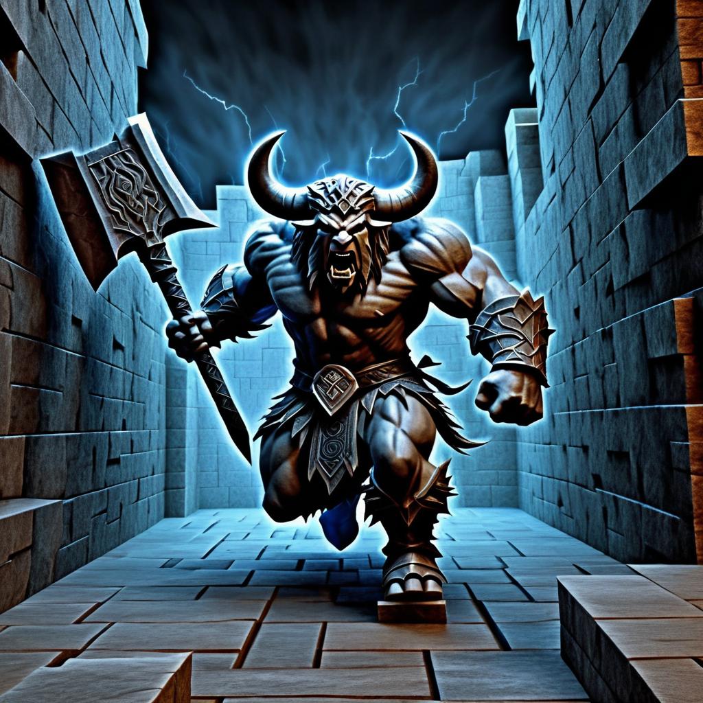 Fierce Minotaur in Dark Labyrinth