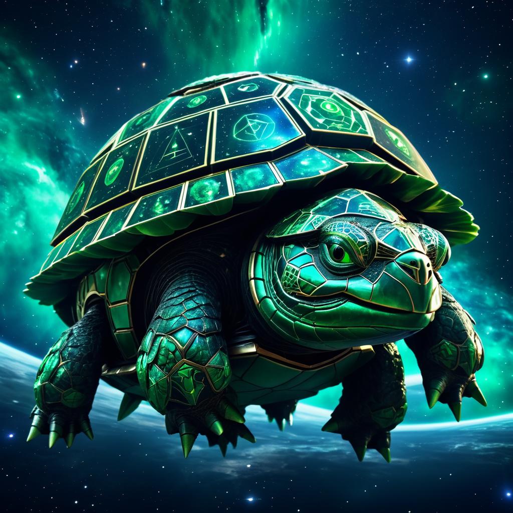 Colossal Turtle in Space with Asteroid