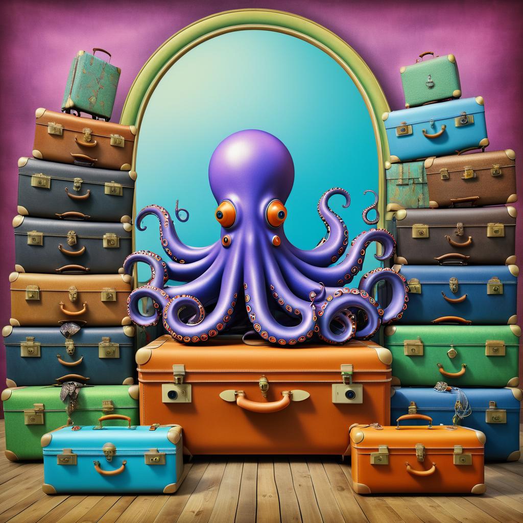 Surreal Octopus Amid Vintage Suitcases