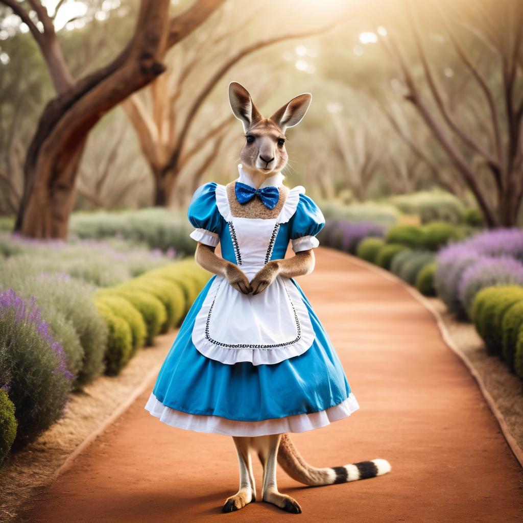 Whimsical Kangaroo as Alice in Wonderland