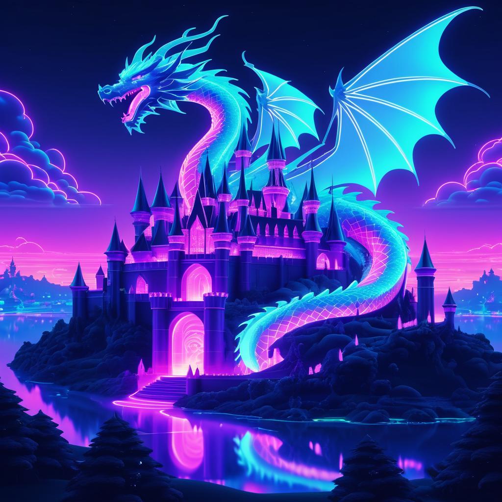 Surreal Neon Dragon and Castle Scene