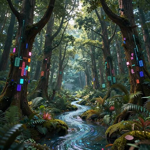 Photorealistic digital artwork of a lush, enchanted forest with a winding, glowing stream, colorful LED-like lights on tall trees, and vibrant, fern
