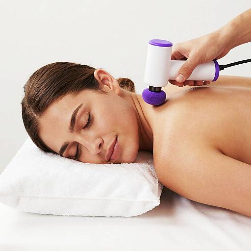 Photograph of a fair-skinned woman with brown hair, eyes closed, lying on a white towel, receiving a shoulder massage with a white and purple