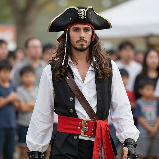 Photograph of a long-haired man in a pirate costume with black tricorn hat, white shirt, black vest, red sash, and black gloves