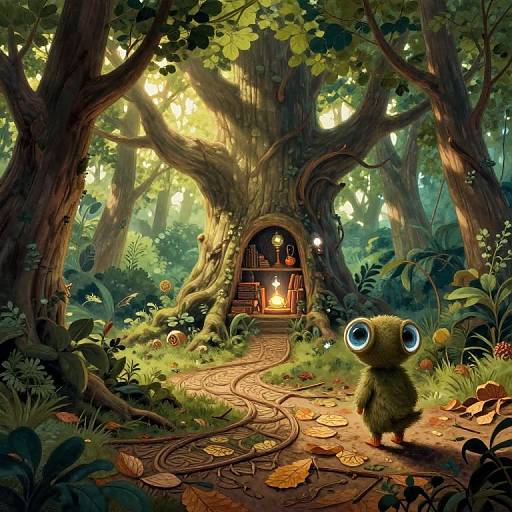 Whimsical forest illustration: A wide-eyed, green, cartoonish creature stands on a winding stone path leading to a warmly lit, enchanted treehouse