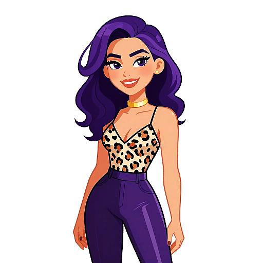 Digital illustration of a confident woman with purple hair, wearing a leopard-print top and high-waisted purple pants, smiling with red lipstick.