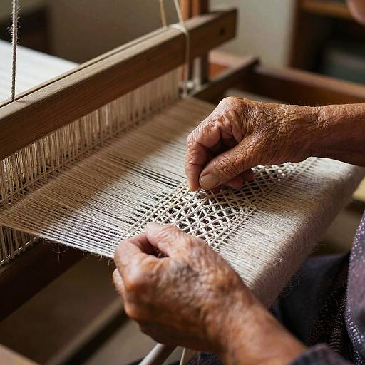 Elderly Woman Weaving on Loom