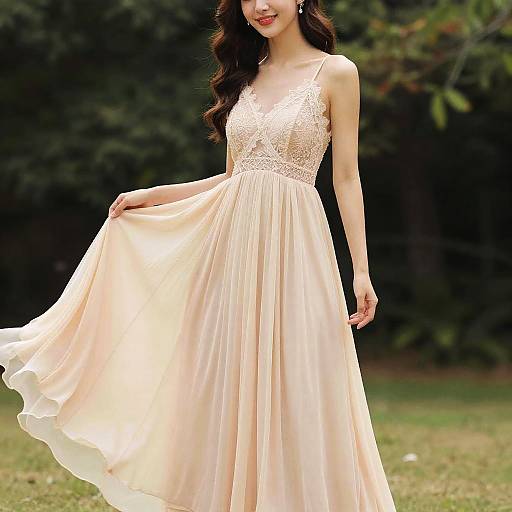 Photograph of an Asian woman with long, wavy black hair, wearing a pale pink, lace-trimmed, floor-length dress, outdoors,