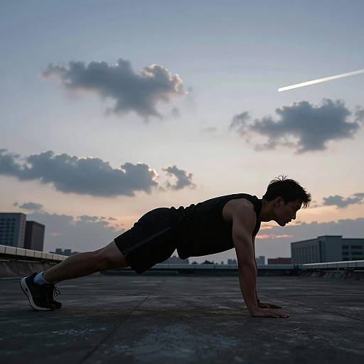 Athletic Rooftop Push-Up at Twilight