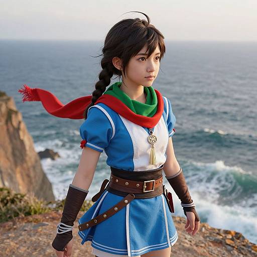 Photorealistic CGI of young Asian girl with braided black hair, blue dress, red scarf, and brown gloves, standing on cliff overlooking ocean.