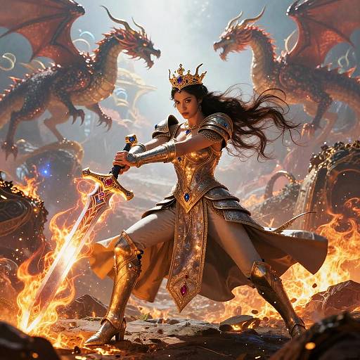 Digital fantasy artwork: armored, crowned warrior with long dark hair, wielding a flaming sword, stands defiantly amidst fiery landscape with two menacing dragons in the