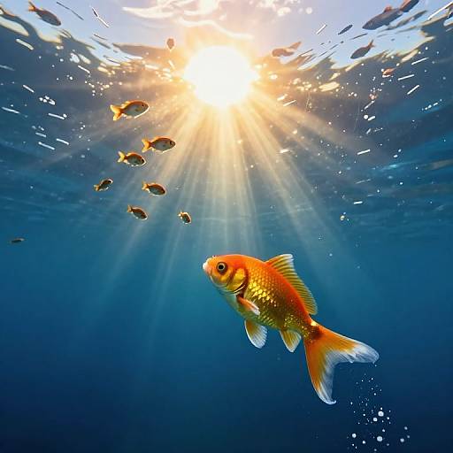 Photograph of vibrant orange goldfish swimming beneath sunlight beams in deep blue underwater, surrounded by smaller black fish. Sunlight creates rays and sparkles,