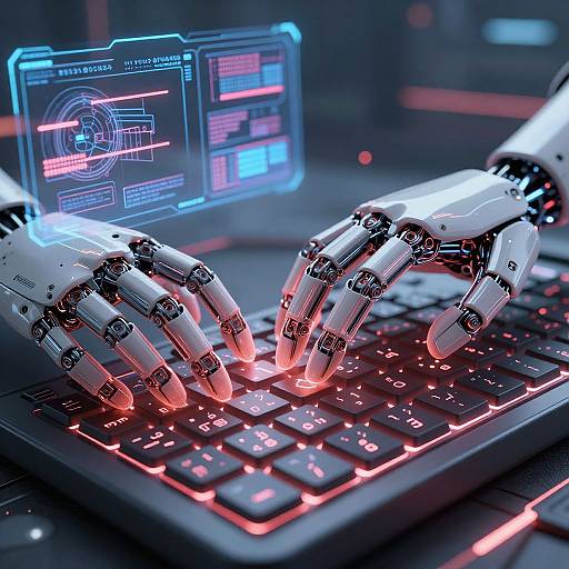 Photograph of futuristic robotic hands with glowing neon lights typing on a black keyboard, with holographic blue screens displaying data in the background. Cyberpunk,