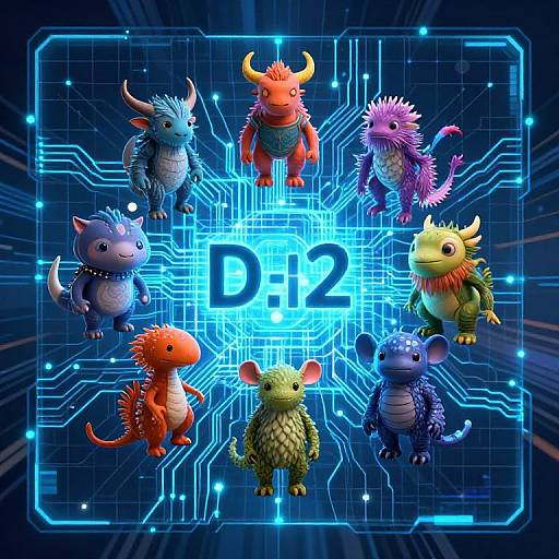 Digital illustration of eight colorful, cute, fantasy creatures with horns and spikes, arranged around a glowing blue 