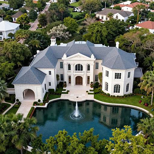 Aerial photograph of a grand white mansion with gray roofs, circular pool, and fountain, surrounded by lush green trees and suburban houses.