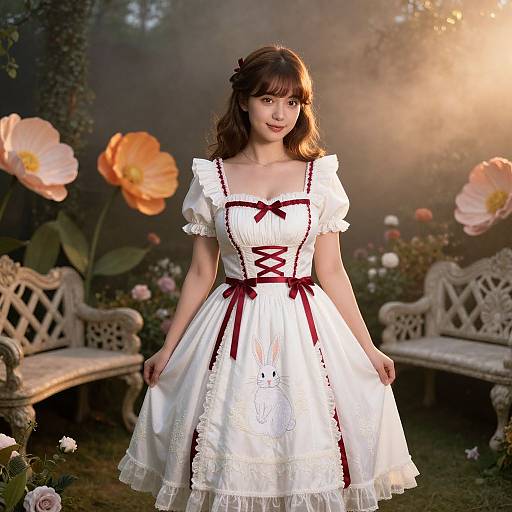 Photograph of a young woman with fair skin and brown hair, wearing a white Victorian-style dress with red ribbons, standing in a magical garden with