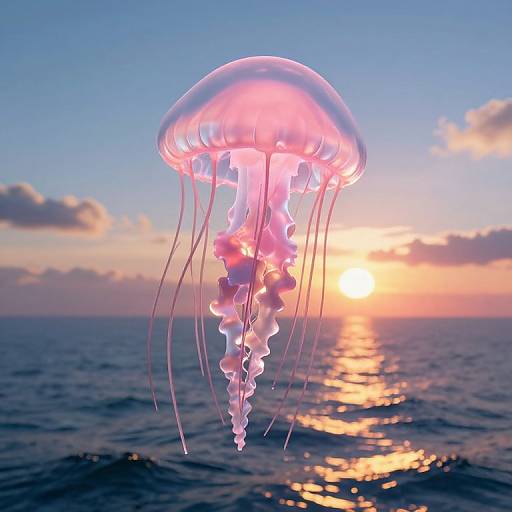 Photorealistic digital image of a glowing pink jellyfish floating over a calm ocean at sunset, with the sun reflecting on the water.