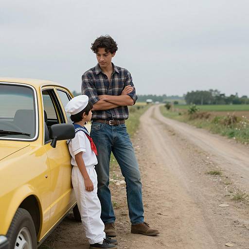 Rural Scene: Man and Boy by Car