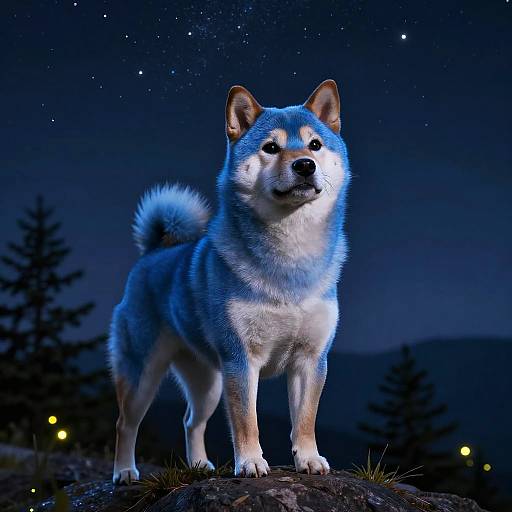 Photograph of a blue and white Akita dog standing on a rock at night, illuminated by moonlight, with a starry sky and silhou