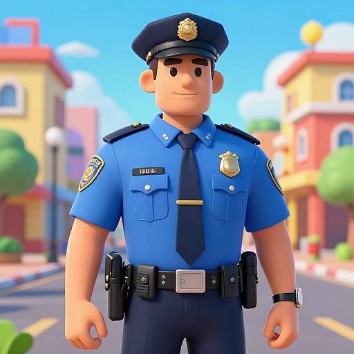 CGI cartoon-style police officer standing on a sunny street, wearing blue uniform, black tie, and hat, with buildings and trees in background.