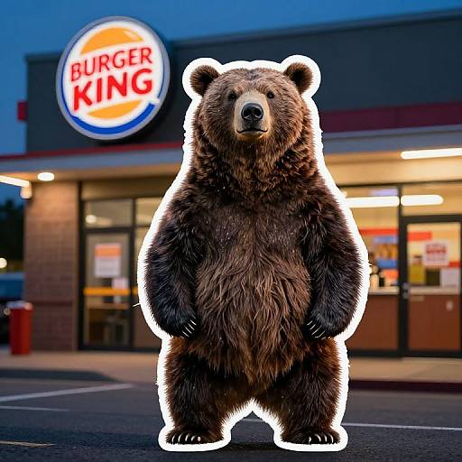 Photograph of a hyper-realistic CGI brown bear standing in front of a Burger King restaurant at dusk, outlined with white glow.