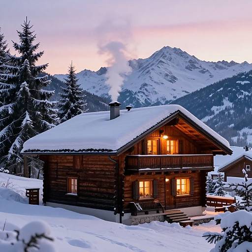 Photograph of a wooden chalet with glowing windows, snow-covered roof, and chimney smoke, nestled in a snowy mountain forest at dusk.