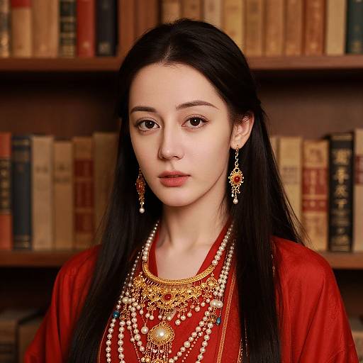 Photograph of a young, pale-skinned woman with long black hair, wearing elaborate gold and pearl jewelry, red attire, and ornate earrings,