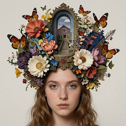 Photograph of a fair-skinned woman with wavy brown hair, wearing a floral and butterfly crown with an ornate mirror displaying a house, set