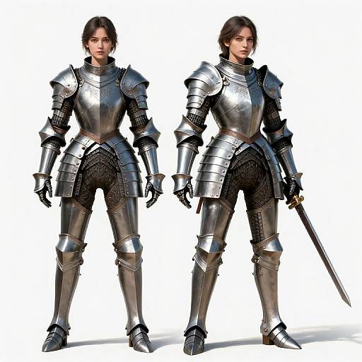 Photorealistic CGI of two female warriors in shiny, detailed medieval silver armor, standing side-by-side, one holding a sword. White background.