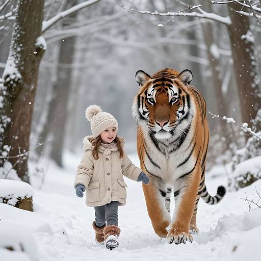 Photograph of a young girl in a beige coat and knit hat walking alongside a large tiger in a snowy forest.