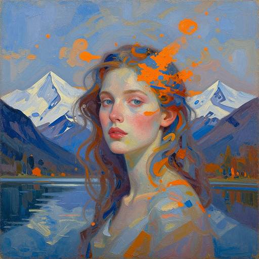 Digital painting of a fair-skinned woman with wavy red-brown hair, orange splashes, and serene expression, set against a backdrop of snow