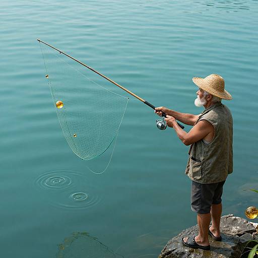 Photograph of a middle-aged man with a straw hat, sleeveless shirt, and shorts, fishing with a net by a calm blue lake.