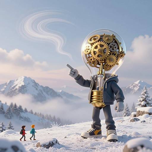 Anthropomorphic Lightbulb Inventor in Snowy Mountains