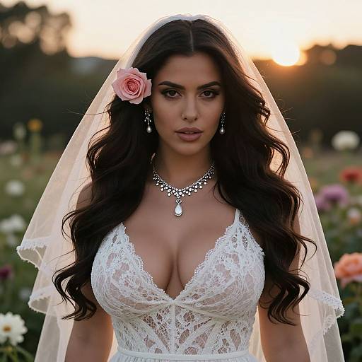 Photograph of a beautiful woman with long dark hair, wearing a white lace wedding dress with deep cleavage, veil, and pink rose, standing in