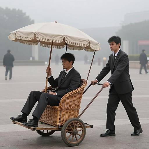 Serious Men in a Foggy Plaza